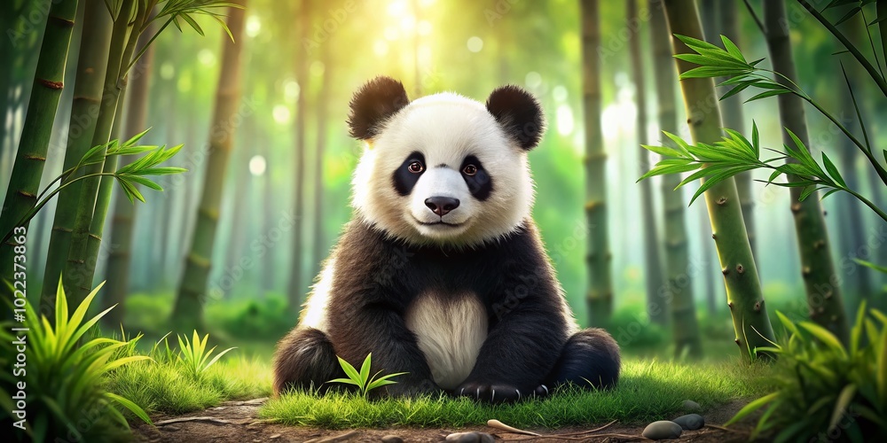 Obraz premium Adorable Little Panda Sitting in a Lush Green Bamboo Forest with Copy Space for Text
