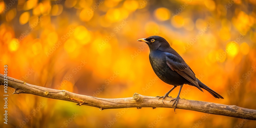 A solitary blackbird perched on a branch with a golden bokeh background, a moment of quiet observation in the midst of vibrant fall foliage. A solitary blackbird perched on a branch with a golden bokeh background, a moment of quiet observation in the midst of vibrant fall foliage.