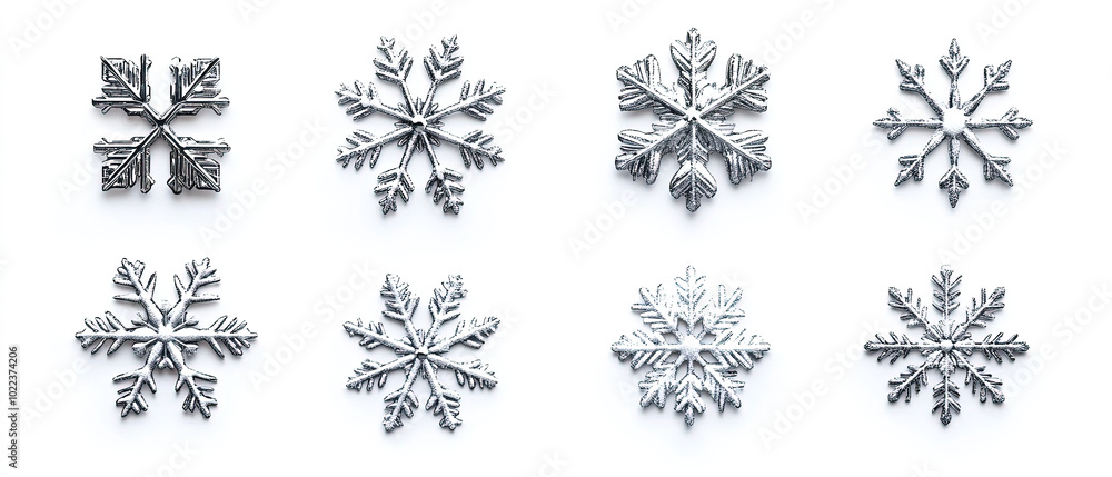 silver snow flakes in different shape. silver snow flake on white background. silver snow flakes in different shape. silver snow flake on white background.