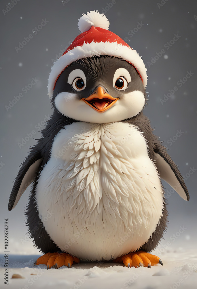 Fototapeta premium penguin with fluffy skin and Santa isolated on simple white background