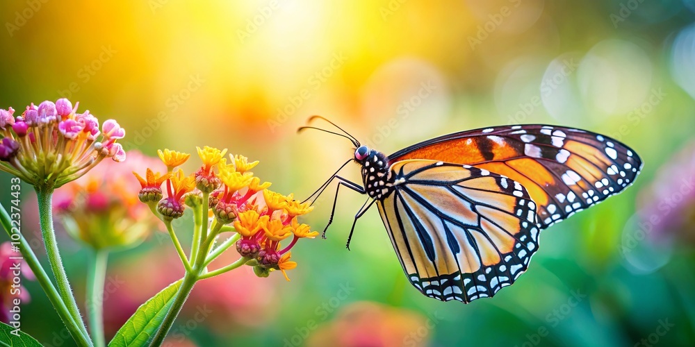 Fototapeta premium A Vibrant Butterfly with Intricate Wing Patterns Feeding on a Cluster of Delicate Yellow Flowers in a Softly Lit Garden Setting
