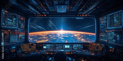 Futuristic spaceship cockpit with a view of Earth and stars.