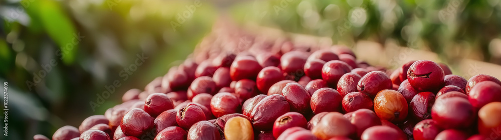 Fresh Coffee Beans on Conveyor Belt in Sunlit Plantation, Harvested coffee cherries travel through a washing process, Coffee Cherry for Processing, Coffee bean in Process Dried, Cherry coffee beans. Fresh Coffee Beans on Conveyor Belt in Sunlit Plantation, Harvested coffee cherries travel through a washing process, Coffee Cherry for Processing, Coffee bean in Process Dried, Cherry coffee beans.