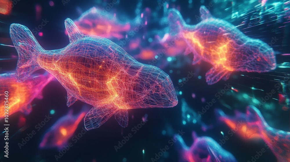 A strange virtual reality world where animals are made of neon wireframes, and gravity flows in all directions, Unconventional, Sci-fi, Surreal, Psychedelic Hues A strange virtual reality world where animals are made of neon wireframes, and gravity flows in all directions, Unconventional, Sci-fi, Surreal, Psychedelic Hues