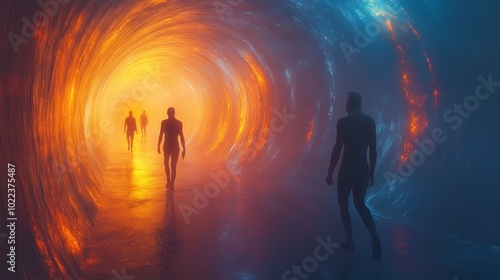 Peculiar creatures walking between parallel realities, leaving glowing trails of light behind, as they transition through floating portals, Surreal, Fantasy, Neon Glow