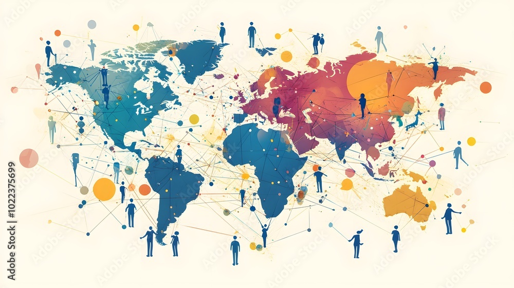 Fototapeta premium A colorful world map with people in it. The people are connected by lines, and the map is filled with dots