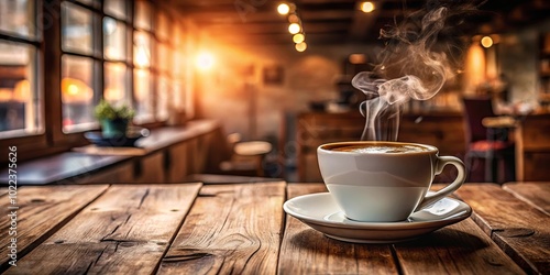 A steaming cup of coffee rests on a rustic wooden table in a warm and inviting cafe, bathed in the soft glow of afternoon sunlight.