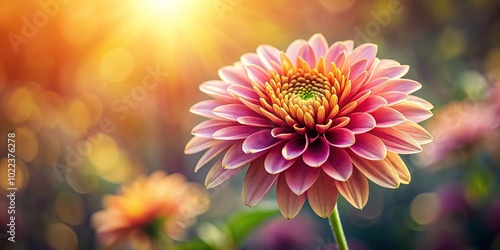 A single pink flower blooms with vibrant hues under the soft, warm glow of the afternoon sun, surrounded by an array of blurred colors and light.