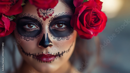 k A stunning close-up of a beautiful Mexican woman from Sonora with her face elegantly painted as a Catrina. 