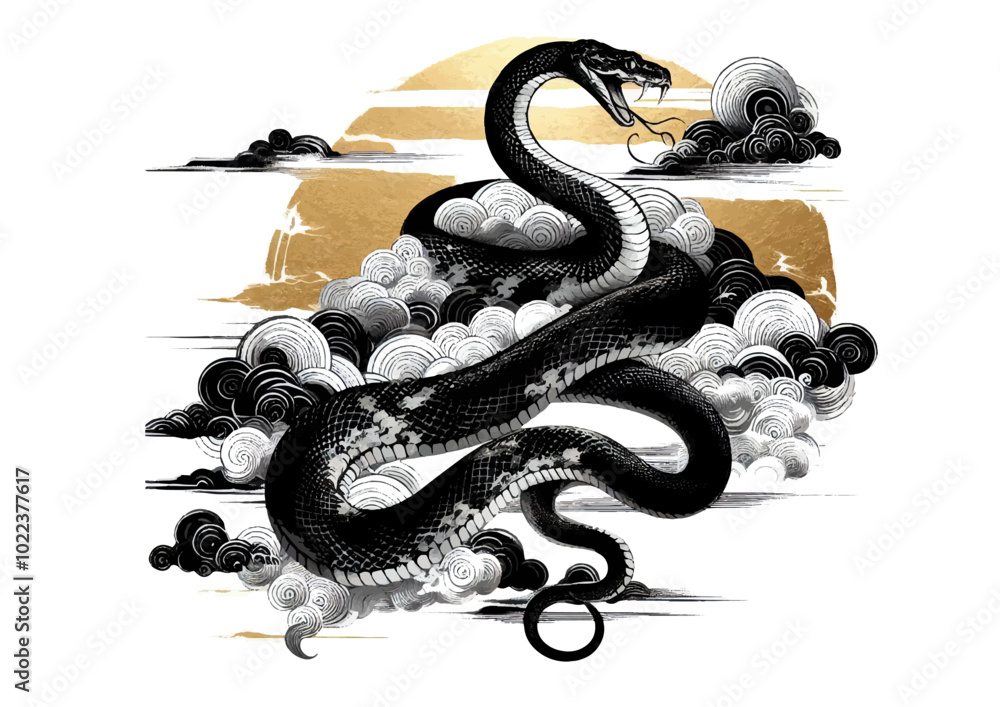 Obraz premium 2025年巳年年賀状素材水墨画風