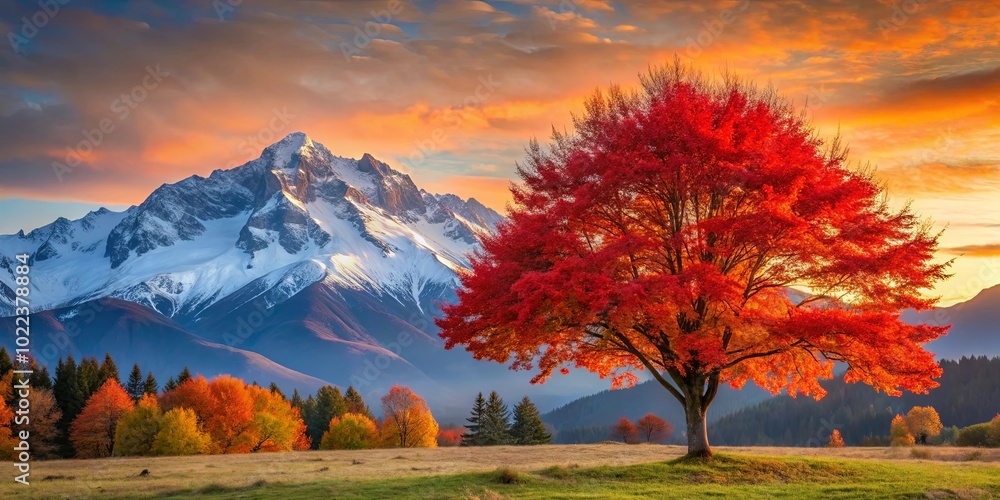Naklejka premium A lone, vibrant red tree stands tall against a backdrop of snow-capped mountains and a fiery sunset, capturing the essence of autumn's grandeur.