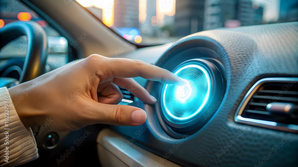 Exciting Macro Shot of Hand Pressing Illuminated Futuristic Start Button - Close Up Capturing Anticipation for High-Tech Driving Experience - Stock Photo Concept Exciting Macro Shot of Hand Pressing Illuminated Futuristic Start Button - Close Up Capturing Anticipation for High-Tech Driving Experience - Stock Photo Concept