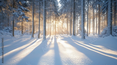 Sunbeams break through the snow-covered trees in a winter forest.