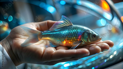 Close Up of Holographic Fish Swimming Around Patient's Hand - Macro Shot Showcasing Mesmerizing Pet Therapy Concept Through Advanced Technology in Medical Settings