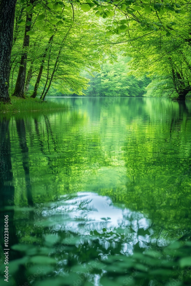 Tranquil green forest lake with mirrored reflections. Tranquil green forest lake with mirrored reflections.