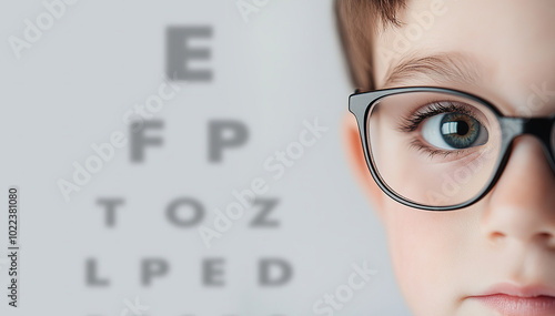 Close-up of Child's Left Eye with Glasses Against White Background, Blurred Eye Chart Suggests Vision Test Context