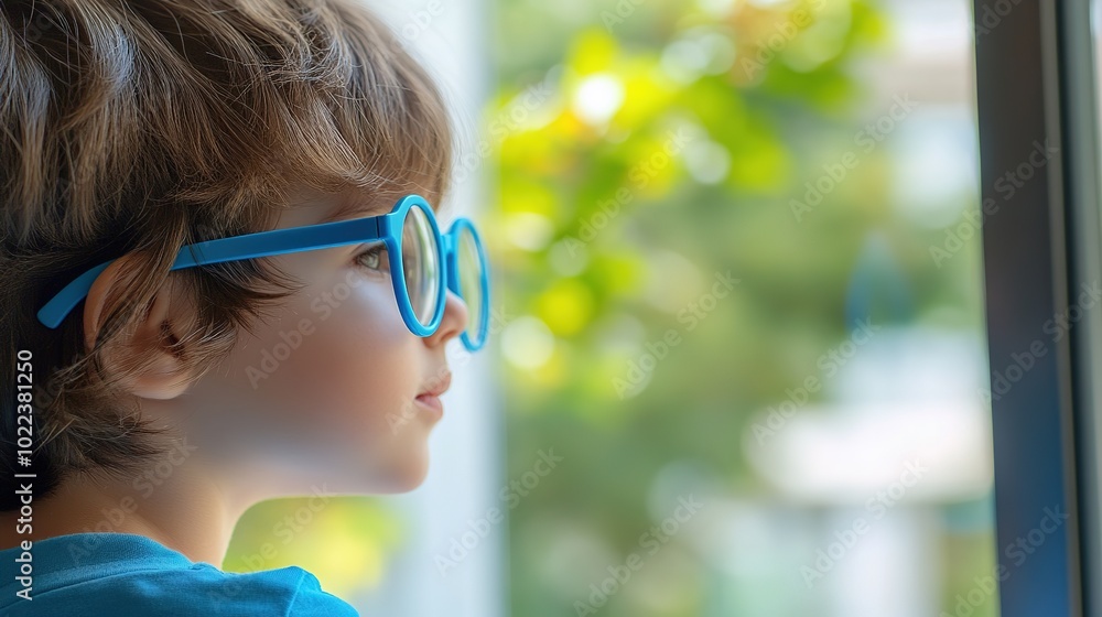 Young child wearing blue glasses focusing on distant tree outside window, symbolizing myopia prevention and importance of outdoor activities. Young child wearing blue glasses focusing on distant tree outside window, symbolizing myopia prevention and importance of outdoor activities.