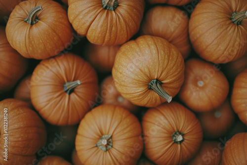 Ripe fall pumpkins in warm lighting, top view. Halloween or Thanksgiving card template