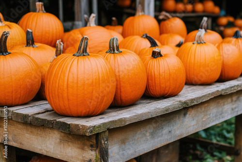 Fresh orange pumpkins on wooden table at a fall harvest market for Halloween and Thanksgiving