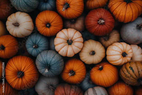 Top view of colorful ripe pumpkins in autumn for Halloween and Thanksgiving decor