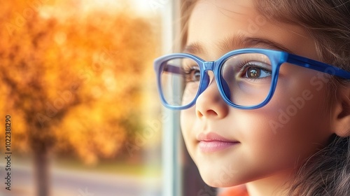 Young child wearing blue glasses focusing on distant tree outside window, symbolizing myopia prevention and importance of outdoor activities.