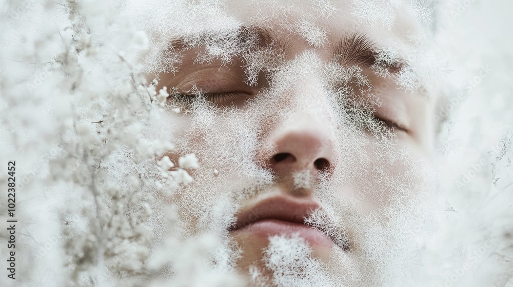 Close-Up Portrait of a Person with Eyes Closed Surrounded by White Flowers Close-Up Portrait of a Person with Eyes Closed Surrounded by White Flowers