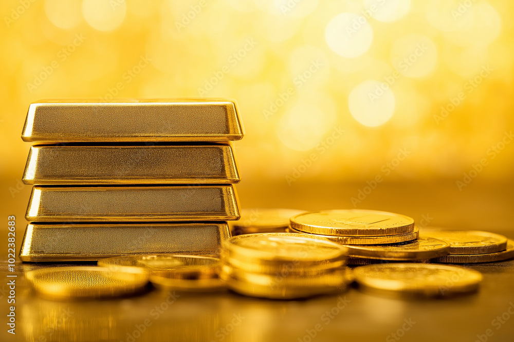 Shiny gold bars stacked neatly alongside gold coins, symbolizing wealth and investment, with copy space. Soft, warm lighting. Background featuring a clean, minimalistic financial setting Shiny gold bars stacked neatly alongside gold coins, symbolizing wealth and investment, with copy space. Soft, warm lighting. Background featuring a clean, minimalistic financial setting