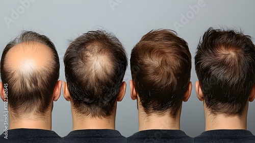 Photo timeline showing the effects of laser hair therapy, with initial bald spots gradually filling in with healthy new hair growth over time