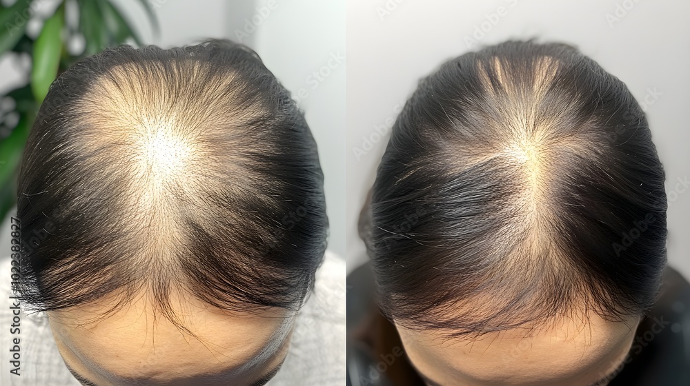 Before-and-after headshot of FUE hair transplant, focusing on a patient's receding hairline before and natural-looking, dense hair after the treatment Before-and-after headshot of FUE hair transplant, focusing on a patient's receding hairline before and natural-looking, dense hair after the treatment