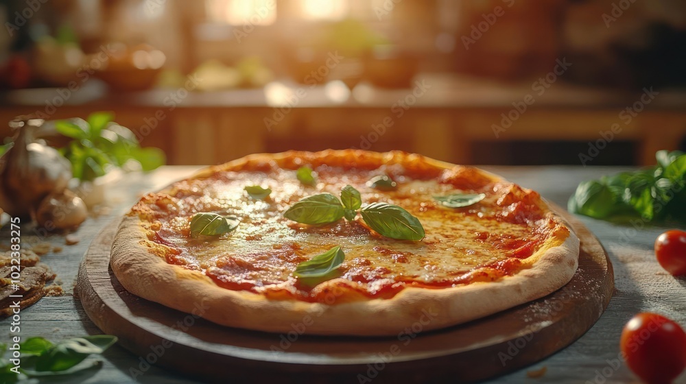 a pizza sitting on top of a wooden cutting board a pizza sitting on top of a wooden cutting board