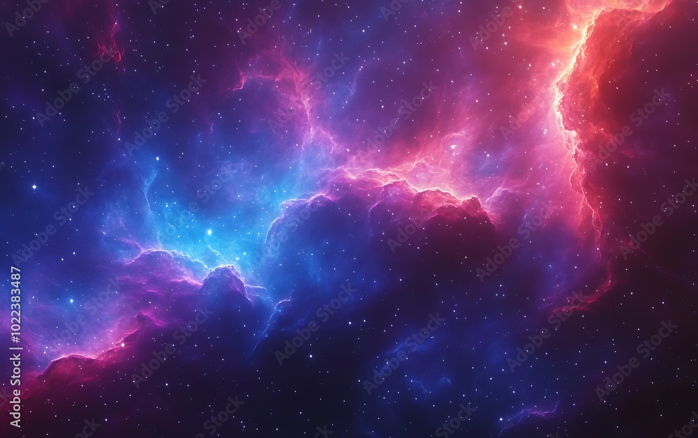 Obraz premium A vibrant cosmic scene showcasing swirling clouds of blue and pink gas against a starry backdrop, evoking the beauty and mystery of the universe.
