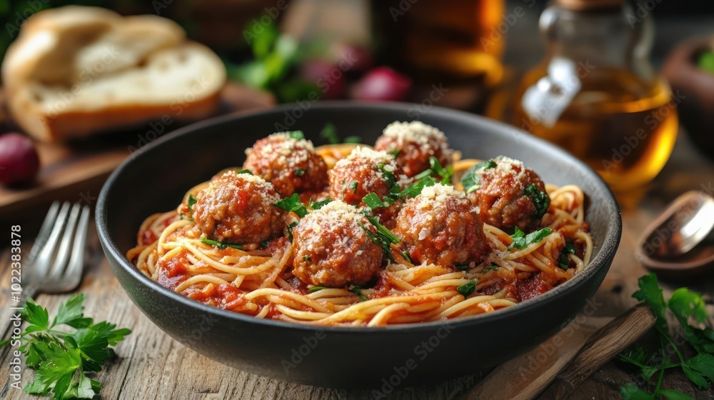 a bowl of spaghetti with meatballs and parsley a bowl of spaghetti with meatballs and parsley