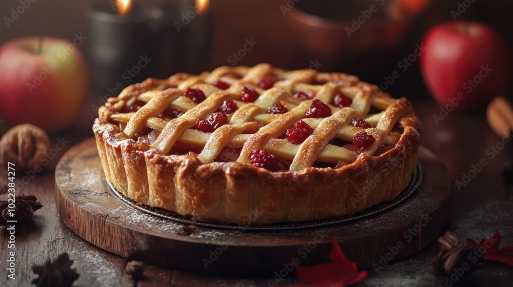 a pie sitting on top of a wooden cutting board a pie sitting on top of a wooden cutting board