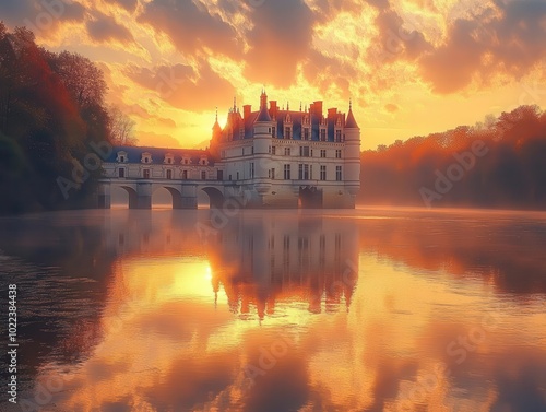 stunning reflection of chenonceau castle on the cher river during a golden hour, capturing the beauty of the historic architecture amidst lush surroundings and creating a serene atmosphere