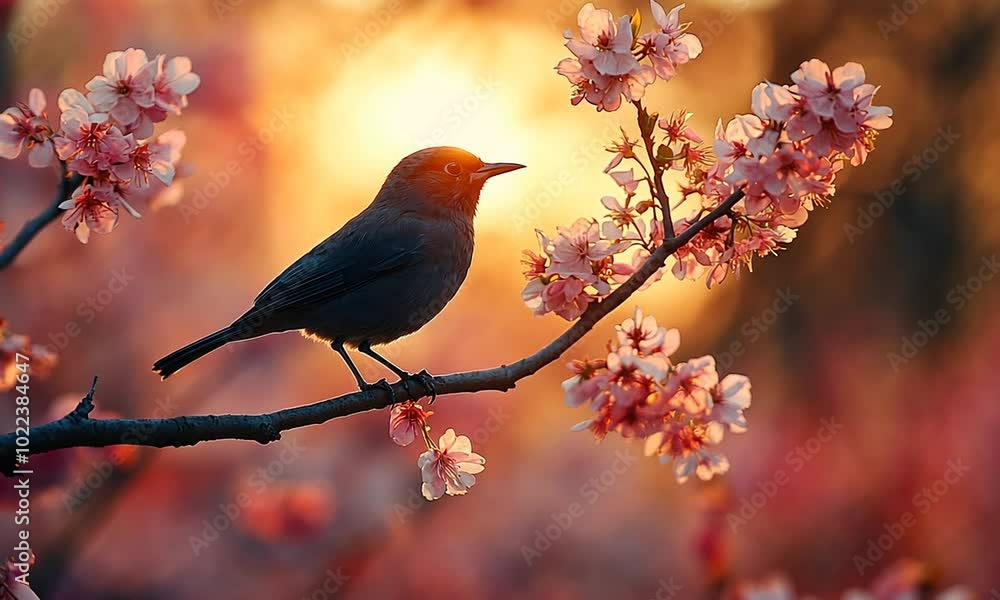 Bird Perched on a Branch in a Cherry Blossom Tree During Sunset Bird Perched on a Branch in a Cherry Blossom Tree During Sunset