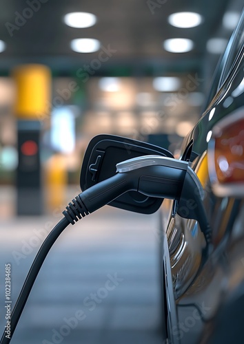 A close-up of an electric vehicle charging cable plugged into the carâ€™s port, with a charging station in the background, emphasizing modern technology in eco-friendly transportation