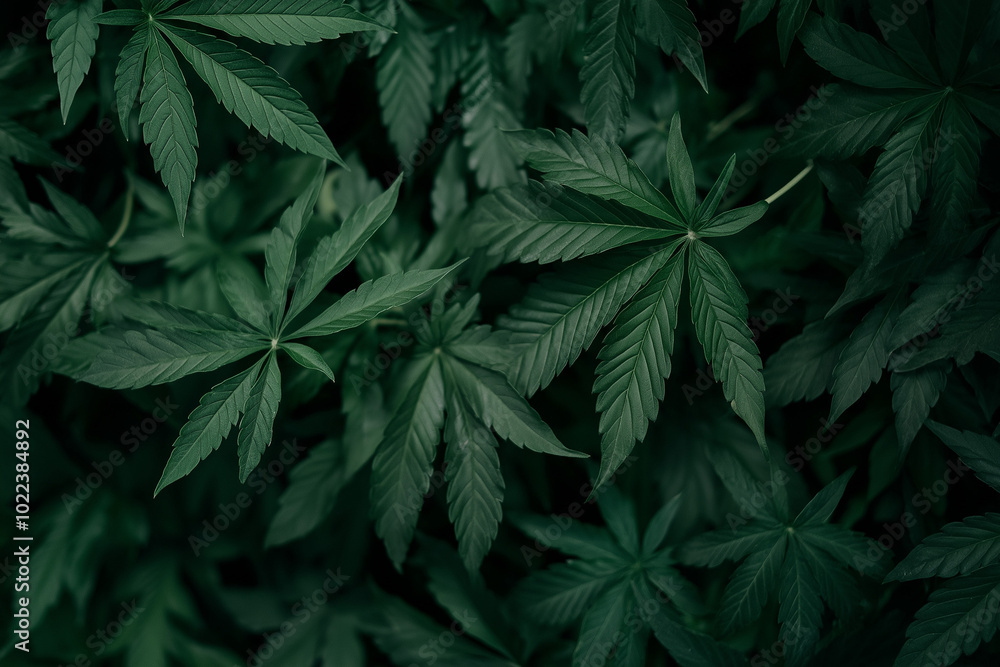 A close-up of vibrant marijuana cannabis leaves forming a lush, detailed background A close-up of vibrant marijuana cannabis leaves forming a lush, detailed background