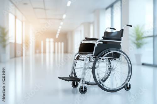 A wheelchair placed in a hospital hallway, symbolizing patient care and mobility. 