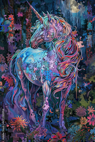 Unicorn with interlocking pastel mane, standing among puzzle flowers, moonlight illuminates figure.