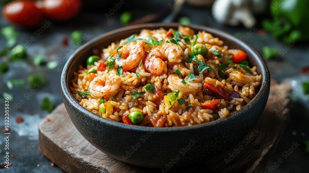 a bowl of rice with shrimp and vegetables a bowl of rice with shrimp and vegetables