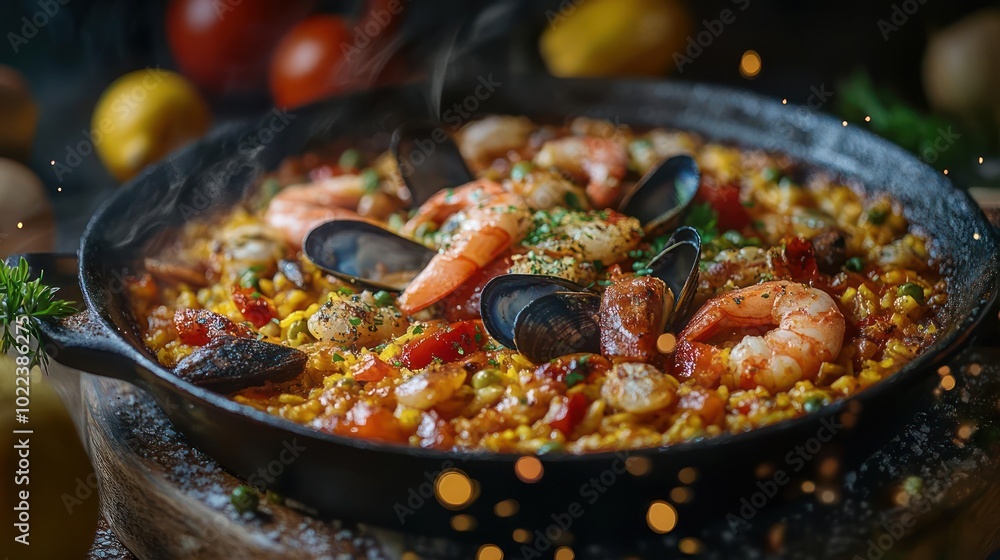 a skillet filled with seafood and rice a skillet filled with seafood and rice