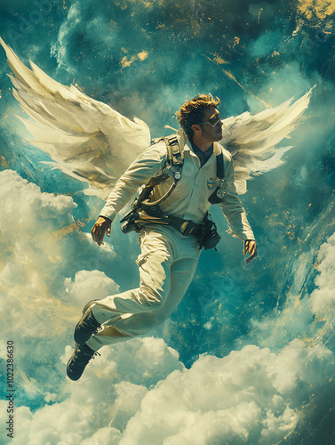 Surreal image of a man with wings soaring through a sky filled with clouds, creating a dreamy and ethereal atmosphere.
