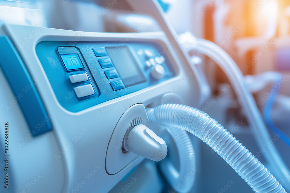 A medical ventilator machine with detailed control panel and tubing. A medical ventilator machine with detailed control panel and tubing.