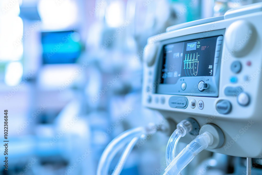 A medical ventilator machine with detailed control panel and tubing, positioned in a hospital room. A medical ventilator machine with detailed control panel and tubing, positioned in a hospital room.