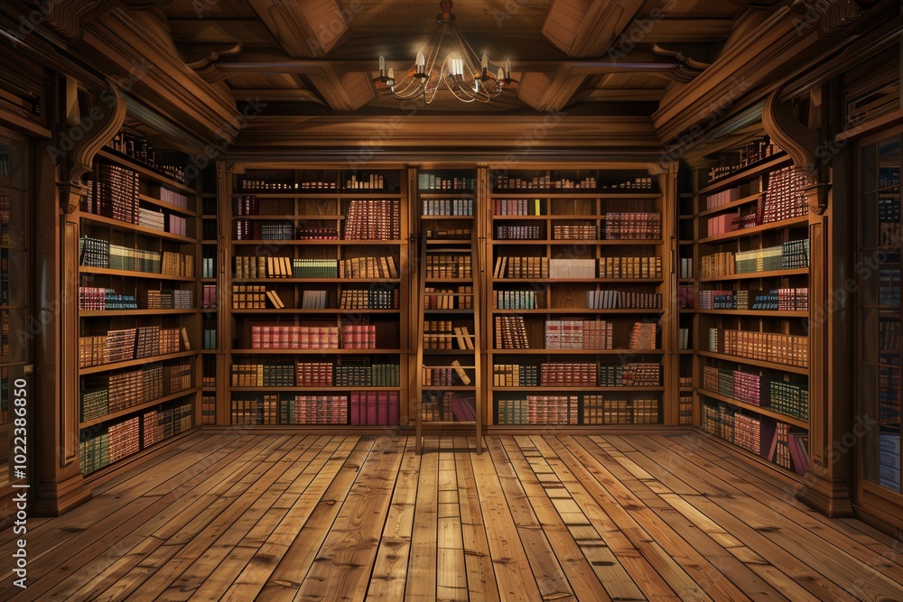 Obraz premium Wooden shelves are brimming with a diverse collection of textbooks and academic literature, creating a scholarly atmosphere. Generative AI
