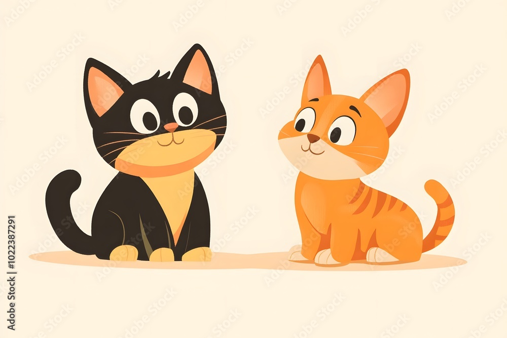 Obraz premium Two Cartoon Cats Sitting Side by Side
