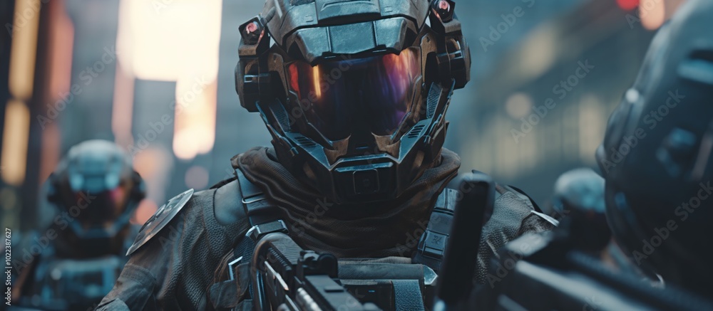 Futuristic soldier in a helmet with a gun Futuristic soldier in a helmet with a gun