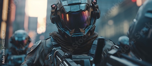 Futuristic soldier in a helmet with a gun