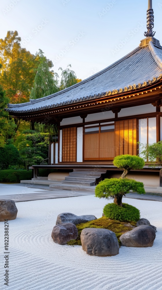 Peaceful Japanese temple garden featuring a meticulously raked Zen garden surrounding a traditional wooden structure, creating a serene atmosphere. Tranquility concept Peaceful Japanese temple garden featuring a meticulously raked Zen garden surrounding a traditional wooden structure, creating a serene atmosphere. Tranquility concept