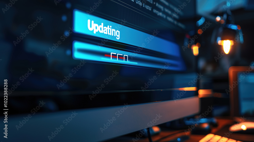 Close-up of a computer screen displaying a software update progress bar with the word Close-up of a computer screen displaying a software update progress bar with the word